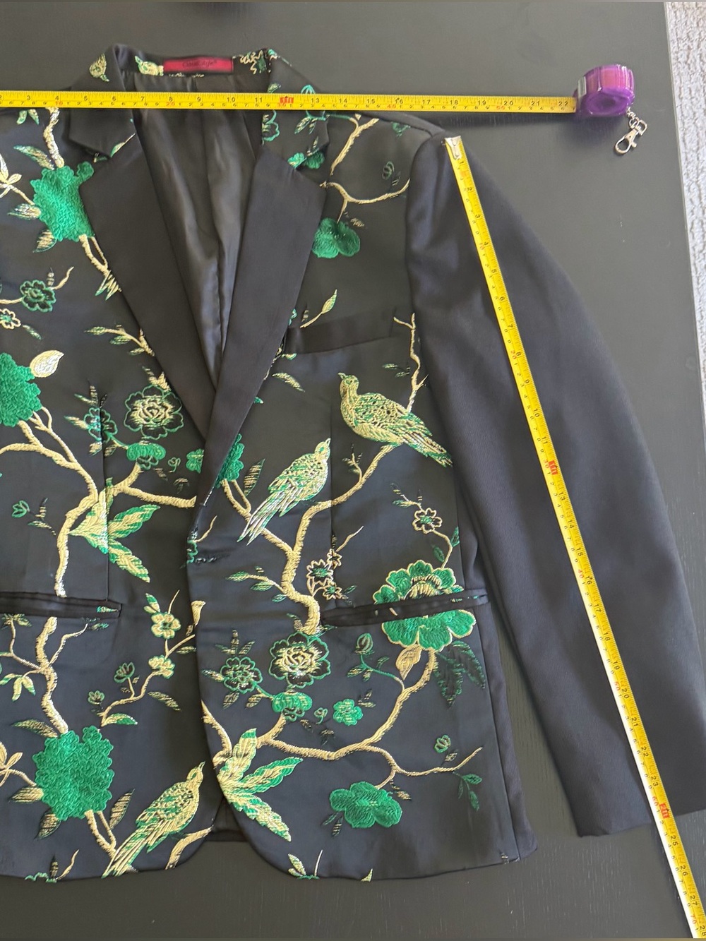 Fun Prom Event Black Blazer with Green and Gold Embroidered Bird Motif - Picture 7 of 8